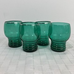 Teal Green Ribbed Base Glass Tumblers Vintage Set of 4
