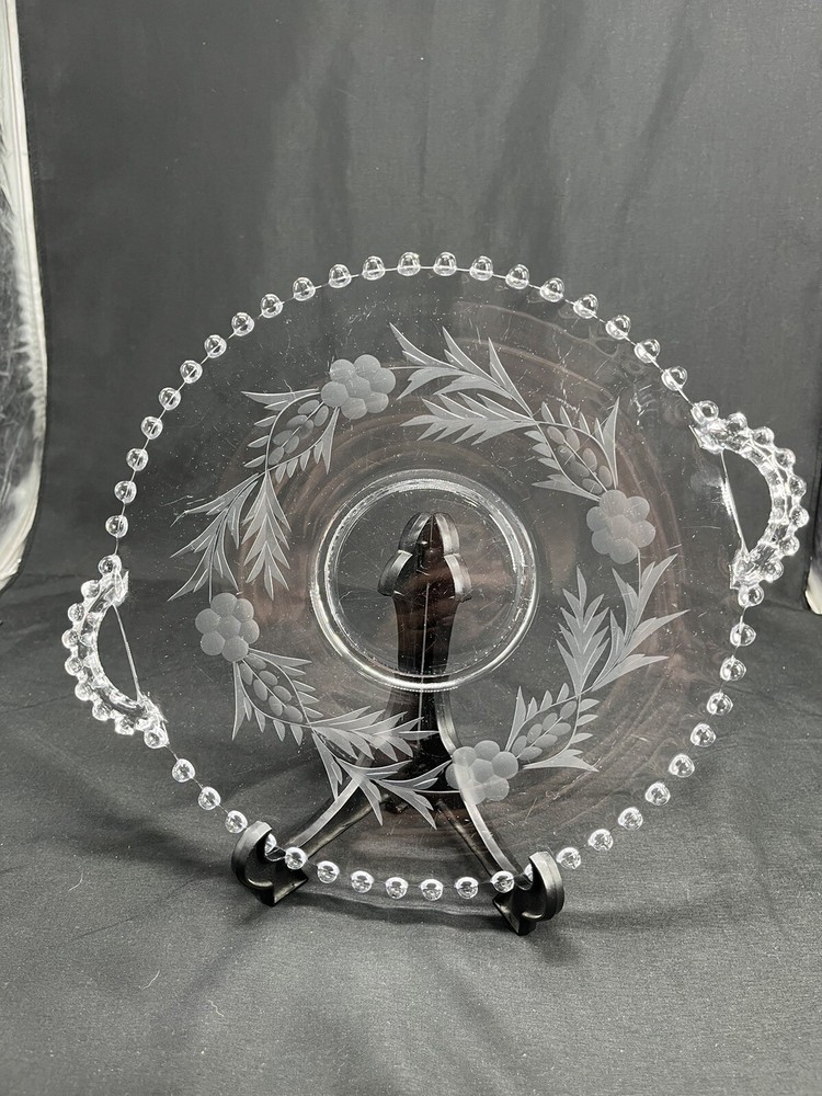 Vintage Candlewick Clear Glass Flower Etched Serving Tray Plate with Handles 10″