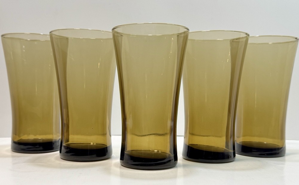 Vintage Set of 5 Anchor Hocking Linden Mocha Tawny Brown Glass Tumblers 16oz