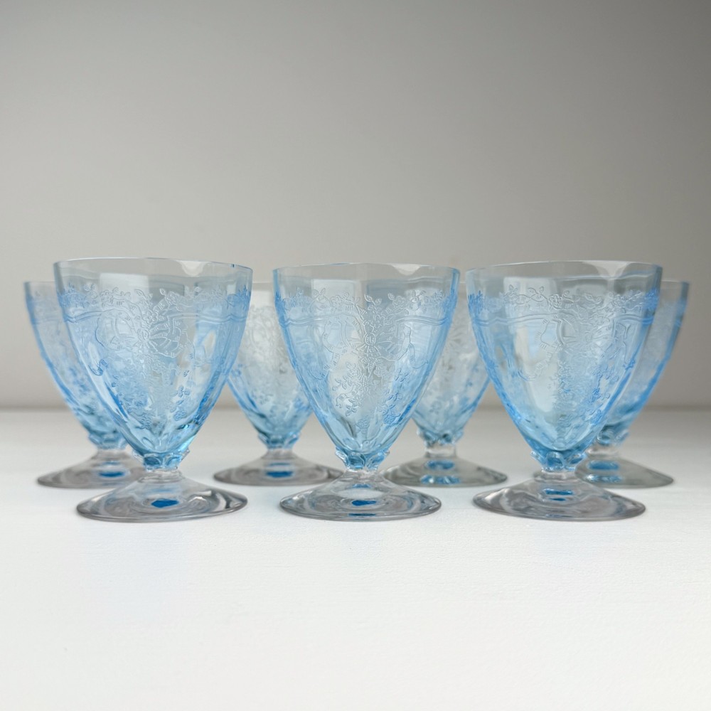 Set of 7 Fostoria June Blue 3 3/4″ Footed Cocktail Glasses #5098 Etched Glass