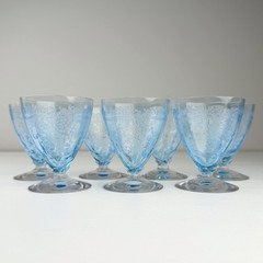 Set of 7 Fostoria June Blue 3 3/4″ Footed Cocktail Glasses #5098 Etched Glass