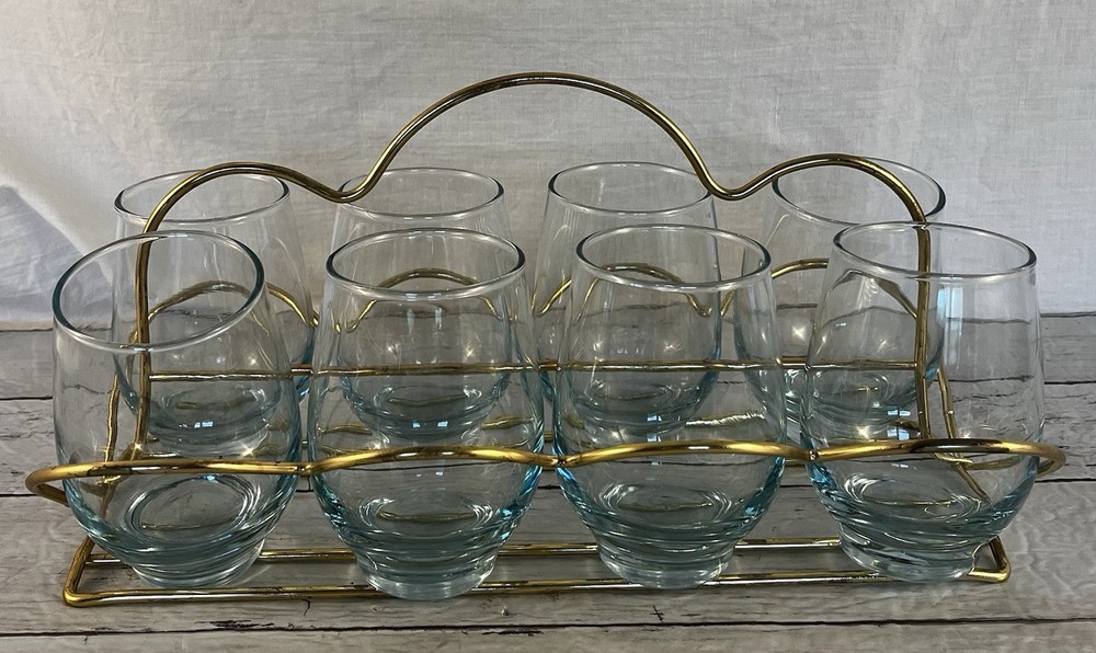 Vintage Libbey Stemless Wine Glasses Blue Base Set of 8 With Caddy