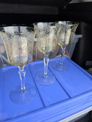 Tiffin-Franciscan Optic Yellow Etched Glass Water Goblets 8.5″H Vintage Set Of 3