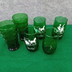 6 Anchor Hocking “Open Sleigh, A Bicycle for Two, Whirly Twirly” Green Glasses