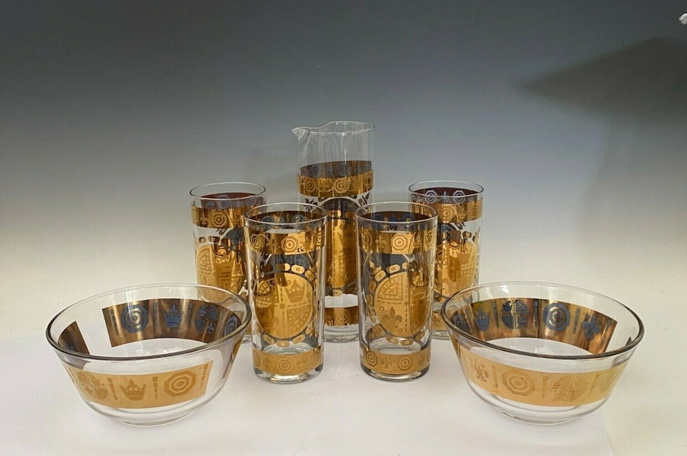 MCM Vito Bari Fleur De Lys 7 Piece Barware Set 22k Gold w/ Martini pitcher