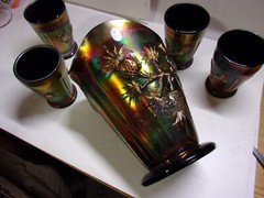 Fenton, Golden Ebony, Stretch/Carnival Glass, 5 Pc. Heavy Pineapple Water Set