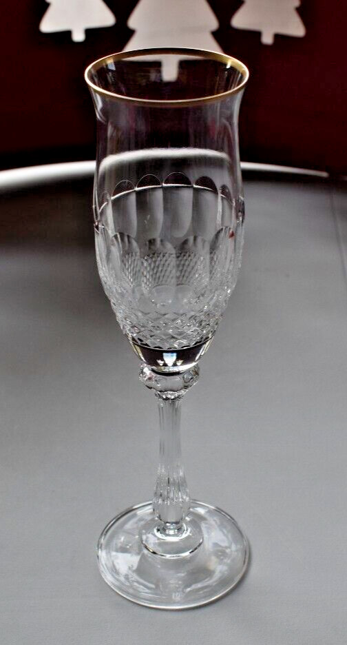 2 ~ MIKASA GOLD CROWN Champagne Flute Cut Crystal 8.5″ Gold Trim VTG 1983