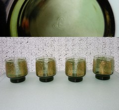 4 Mid-Century Libbey half tumbler glasses Green Glass, Gold Leaf 8oz STACKABKE