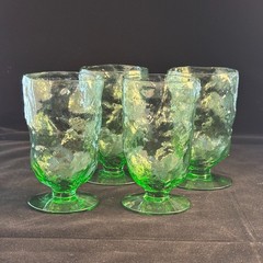 Morgantown Glass Crinkle Shamrock Green Footed Pedestal Water Goblet Set of 4