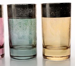 Six Multi-Color Vetri Di Firenze Silver Rim Etched Juice Glasses 4in Used Italy