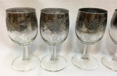 Wine Glasses Goblets Glass Black Ombre Clear Etched Floral w/ Storage Caddy Vtg