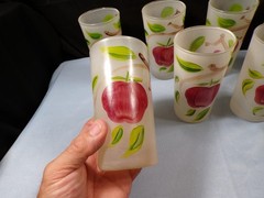Set of 9 Clear Frosted Glass Tumblers w/ Apples Design Painted On Them 5 1/8″