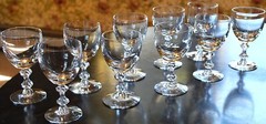 Vtg MCM Set 10 ‘OLYMPIA’ TIFFIN FRANCISCAN Crystal Wine Glasses AIR BUBBLE STEMS