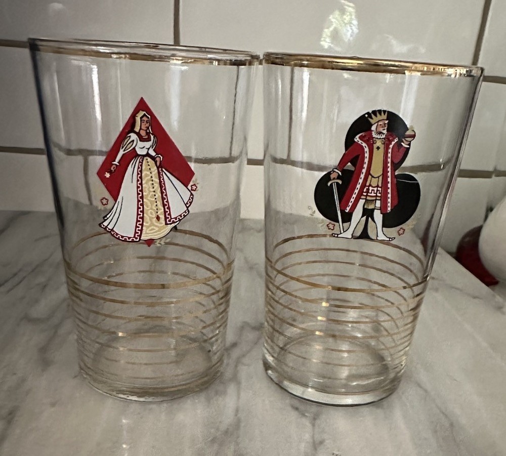 Vintage King & Queen Deck of Playing Cards Symbols Clear Glass Tumblers MCM