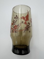 Vintage Mid Century Asian-Inspired Smoky Glasses With Red Birds