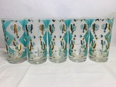 Vintage Fred Press Rooster 5 Glasses Original Pastel Mid Century Mod Signed