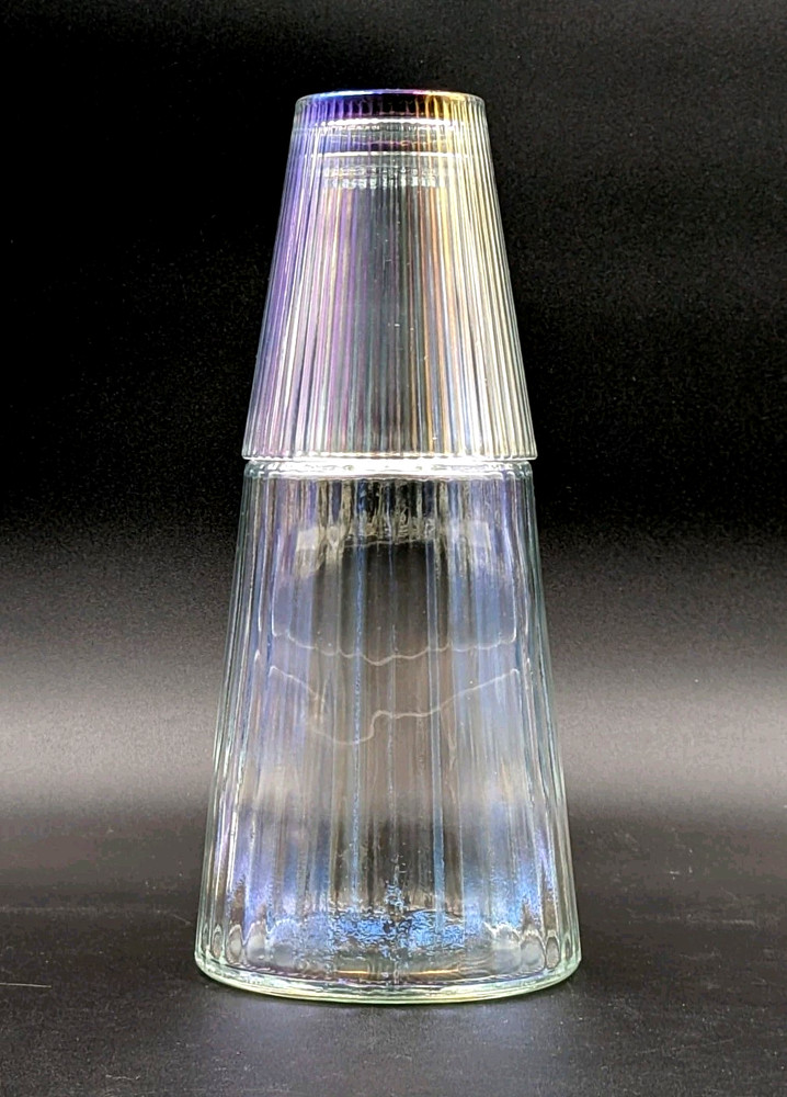 Vintage Clear Iridescent Ribbed Glass Tumble-Up Bedside Carafe Set Tapered
