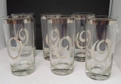 (6) Mid Century Dorothy Thorpe Monogram «O» Highball Glasses Filigree Rim