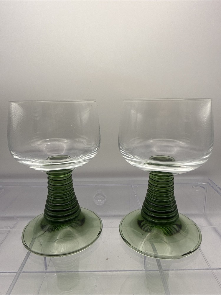 Vintage German Roemer Green Beehive Stem Wine Glasses Crystal (Set of 2) 4.25”