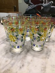 Vintage LIBBEY Set of 8 Juice Milk Glasses Flowers Cross Stitch Yellow Red Blue