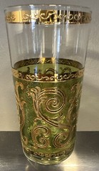 Vtg Culver MCM Baroque High Ball Tumblers 22K Gold 5 Scroll Olive Green 5.5″