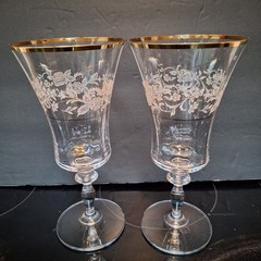 Mikasa Antique Lace Set 2 Iced Tea Water Goblets 8″ Floral Gold Trim Vtg 1990s