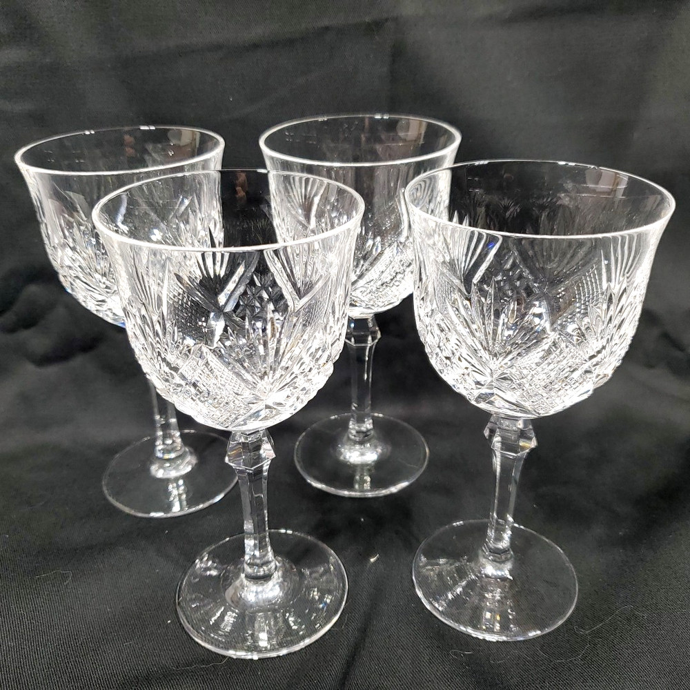 Set of 4, Josair Marquise Cut Crystal Wine / Water Goblet Stems 5 3/4″ Stemware