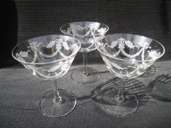 3 ) Fostoria Antique 1922 Victory Needle Etch Crystal 4 1/2″ Champagne Stems