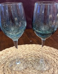 Pier 1 Crackle Glass Teal Blue Red Wine Glass Goblet 8 5/8” Set Of 2