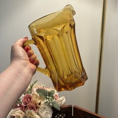 Vintage Anchor Hocking Fairfield Amber Pitcher+ Stem Goblets set of 10 EUC
