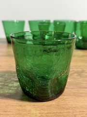 Vintage 70s Pilgrim Glass Green Crackle ~3.5″ Pinch Tumbler Set Of 7