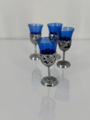 Vintage Cobalt Blue Cordial Wine Glasses Set of 4 Pewter Dragon Stem Goblets