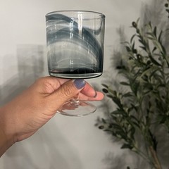 Blue Smoke Crystal Wine Glasses Barrel Bowl Clear Short Stem Hand Blown 5″ Tall