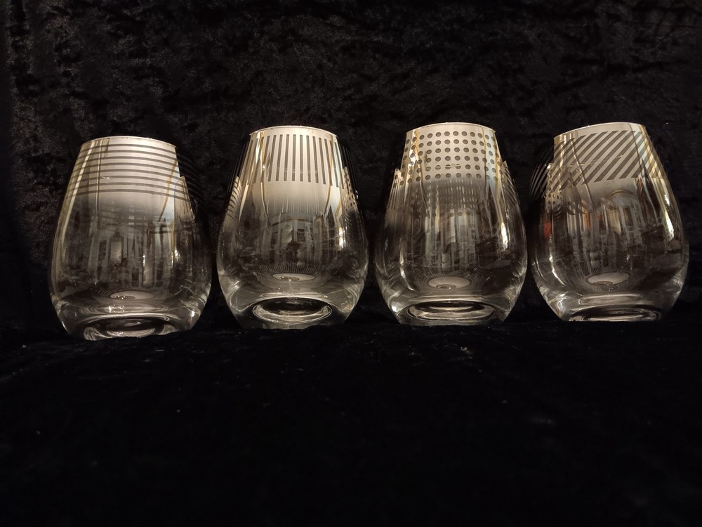 Mikasa Cheers Stemless Crystal Wine Glasses Metalic Silver Ombre Set 4 Signed