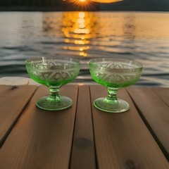Vintage Hazel Atlas Clover Uranium Glass Sherbet Cups Set Of 2 UV Reactive Mint!