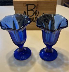 2 Anchor Hocking Cobalt Blue Fountain Ware Sundae Scallop Goblets Glasses Sale!!