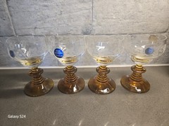 4 German Vintage Hand Cut Wine Glasses – Amber Beehive Stem – Schott Zwiesel
