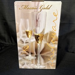 Set of 2 Circle Ware Champagne Cut Glass Flutes Gold Mosaic Leaf 7oz 10.5 In NIB