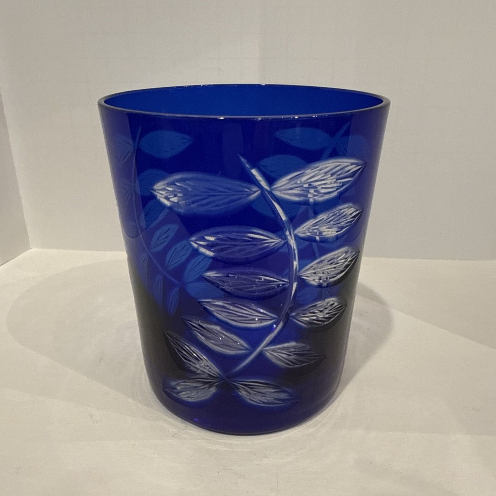 VTG COBALT BLUE Cut to Clear Etched Leaf Bohemian Czech 4.25” Tumbler Glass