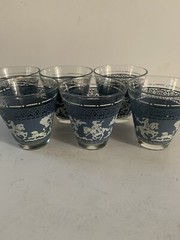 MCM Hazel Atlas Glasses Double Shot Set Of 6 Arabian Knights Wedgwood Blue White
