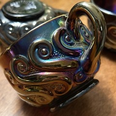 3 Antique Carnival Glass Cups Vintage Purple Gold Green Murano wine Drinks Fair