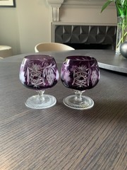 2 (pair) Lead Crystal Colored Glass Cut-To-Clear Goblets Glasses Amethyst NWT
