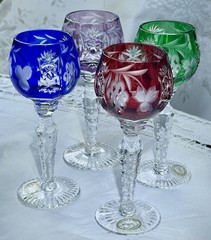 AJKA Crystal Marsala 4 Wine Cordial Glasses 5”~ Ruby, Emerald, Cobalt, Amethyst