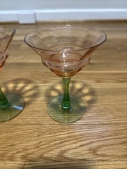 Set of Two Tiffin Pink Green Sherbet Wine Stems Watermelon Uranium Glass 5.25in