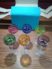 Set of 6 Multi-color cut to clear wine glasses hock 6 7/8” tall drinking glass