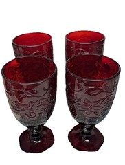 4 Vintage Princess House FANTASIA RUBY RED Water Goblets Iced Tea 7″ Floral VTG