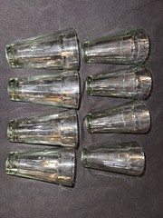 Mid Century Modern Set Of 8 Four Oz Cutting Chai Glasses & Metal Wire Caddy Wood