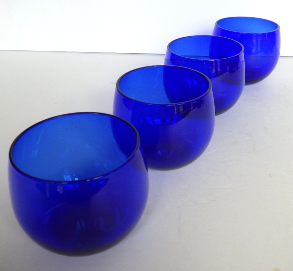 Cobalt Blue Set of 4 Hazel Atlas Royal Lace 2-3/8″ High Roly Poly Tumblers 5 oz.
