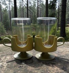 Glas-Snap by Corning Avocado Green Holders Pair Of MCM Glasses AV28