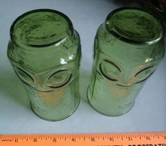 Pair Vtg MCM Anchor Hocking Green Heritage Block Circle Coin Glass Tumbler
